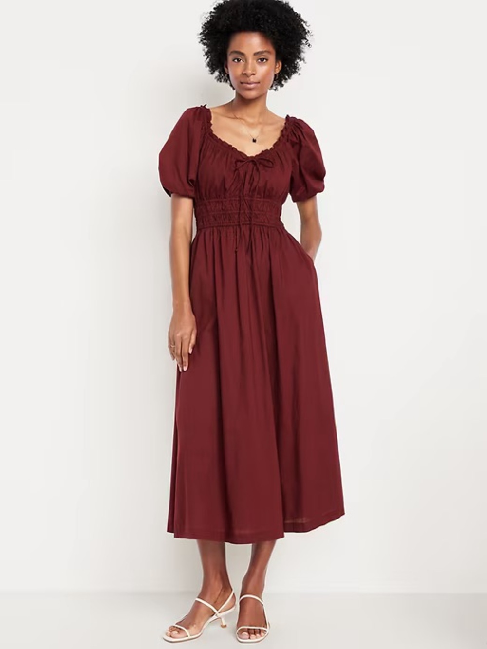 Old Navy fit & flare puff sleeve sweetheart smocked waist midi dress burgundy MT